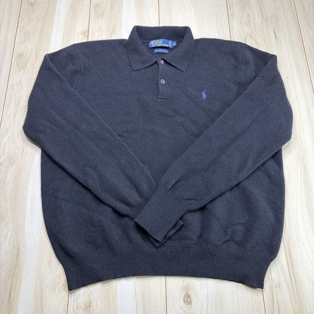 Vintage Polo Ralph Lauren Men's Lambs Wool Collared Sweater Black Size XL Logo